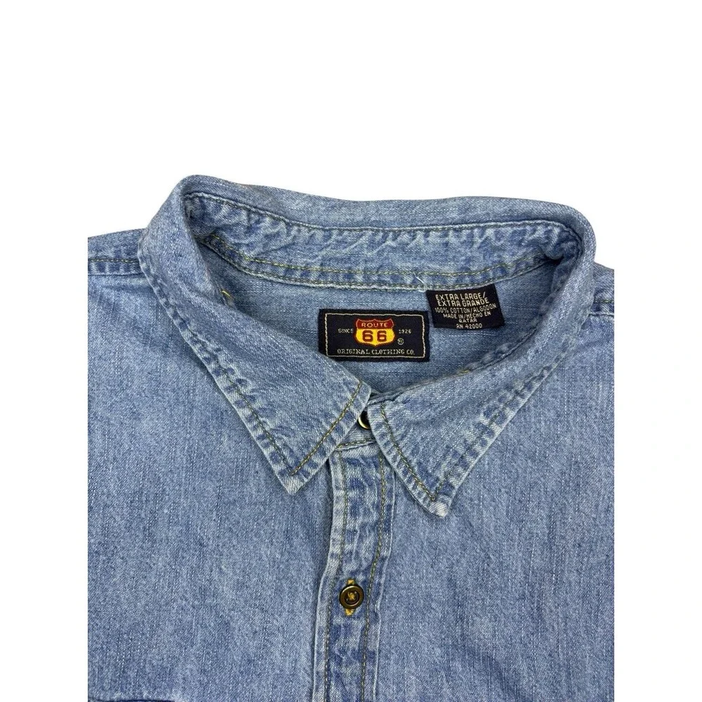 Vintage Route 66 Denim Shirt Mens XL Blue Light Wash Long Sleeve Button Cotton